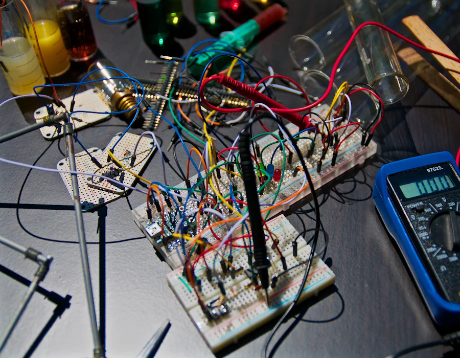 Electronics test bench with wiring and a multimeter